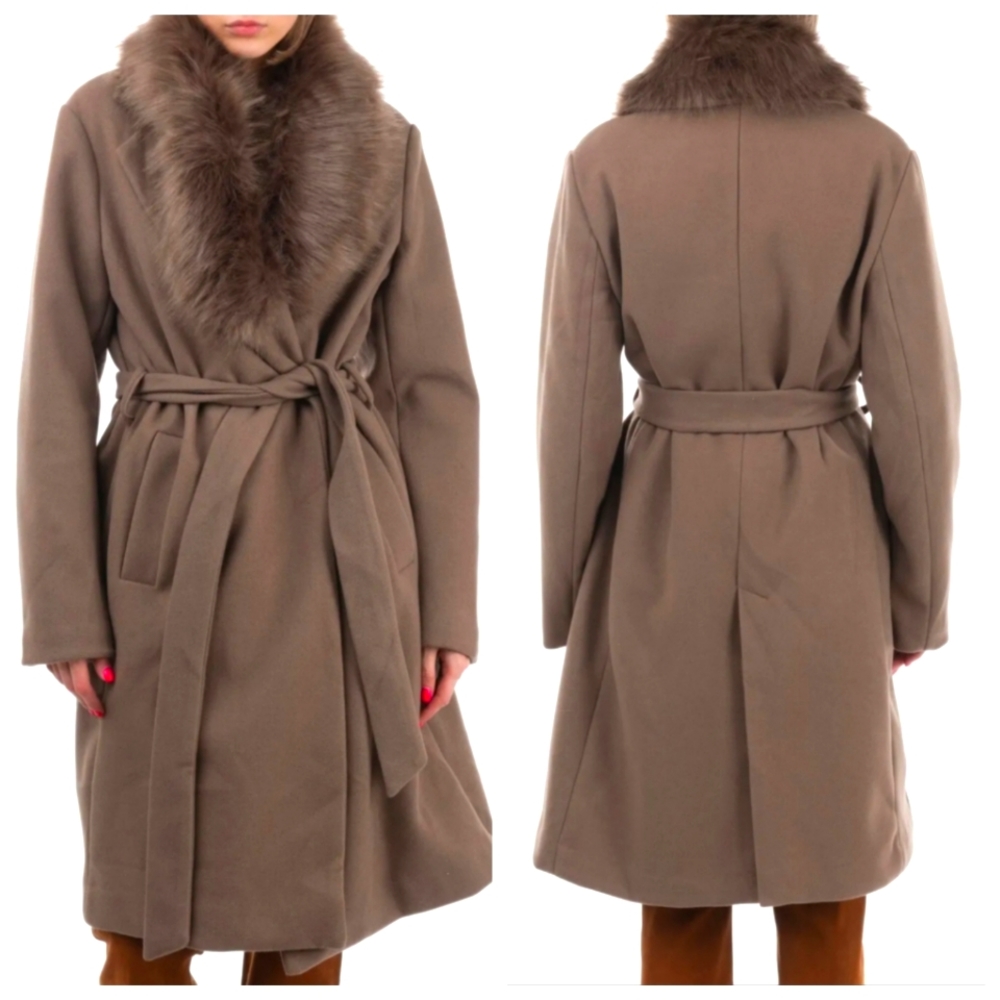 Ebarrito tan padded belted wrap coat w/ faux fur collar, euroXL, NWT